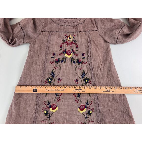 Umgee Women's Boho Floral Embroidered Long Sleeve Mini Dress Taupe Size S - Picture 9 of 12